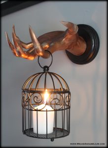 DIY Creepy Hand Wall Sconce Candle Holder – Transform a Fake Hand from Halloween Decoration to Gothic Home Décor with this makeover….. Patina Copper, Wicked fingernails, Birdcage Candle Holder | Me and Annabel Lee Blog