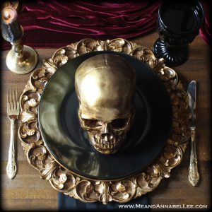 DIY Faux Antique Gold Charger Plates – Learn how to Faux Paint Antique Gold with this multi-step technique | Use these baroque chargers every day for a glamorous table setting, or mix with Black Dishes, Gold Skulls, and Rich Velvets for a Gothic Table | Also perfect for a Halloween dinner party | Me and Annabel Lee Blog