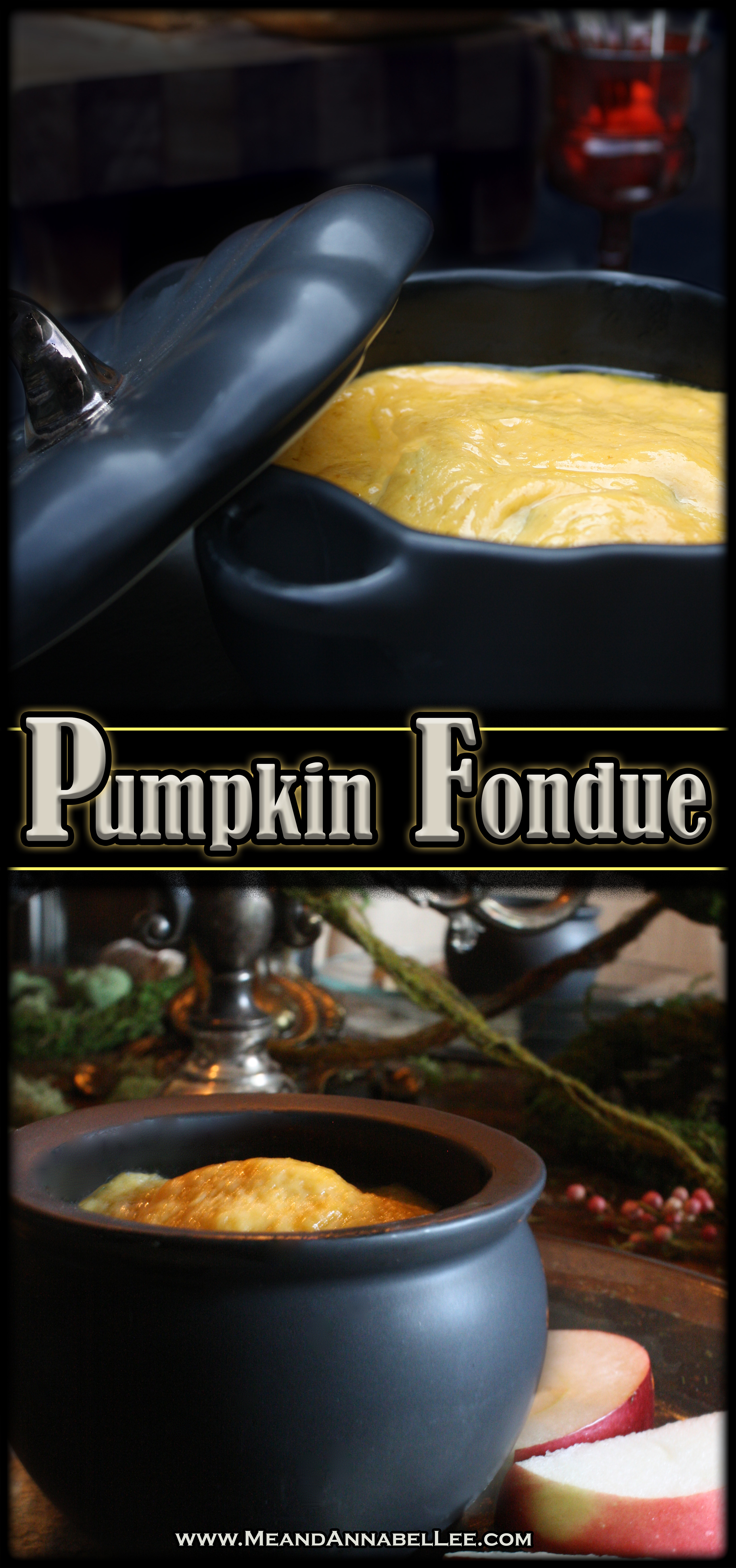 Pumpkin Fondue …. Classic Cheese Fondue with a Pumpkin Twist | Fall Recipes | An appetizer for your Thanksgiving or Halloween Dinner Party | Serve in a Cauldron, a Black Cast Iron Pumpkin Cocotte, or a Knucklehead Pumpkin to add a dark edge to the presentation | Me and Annabel Lee Blog