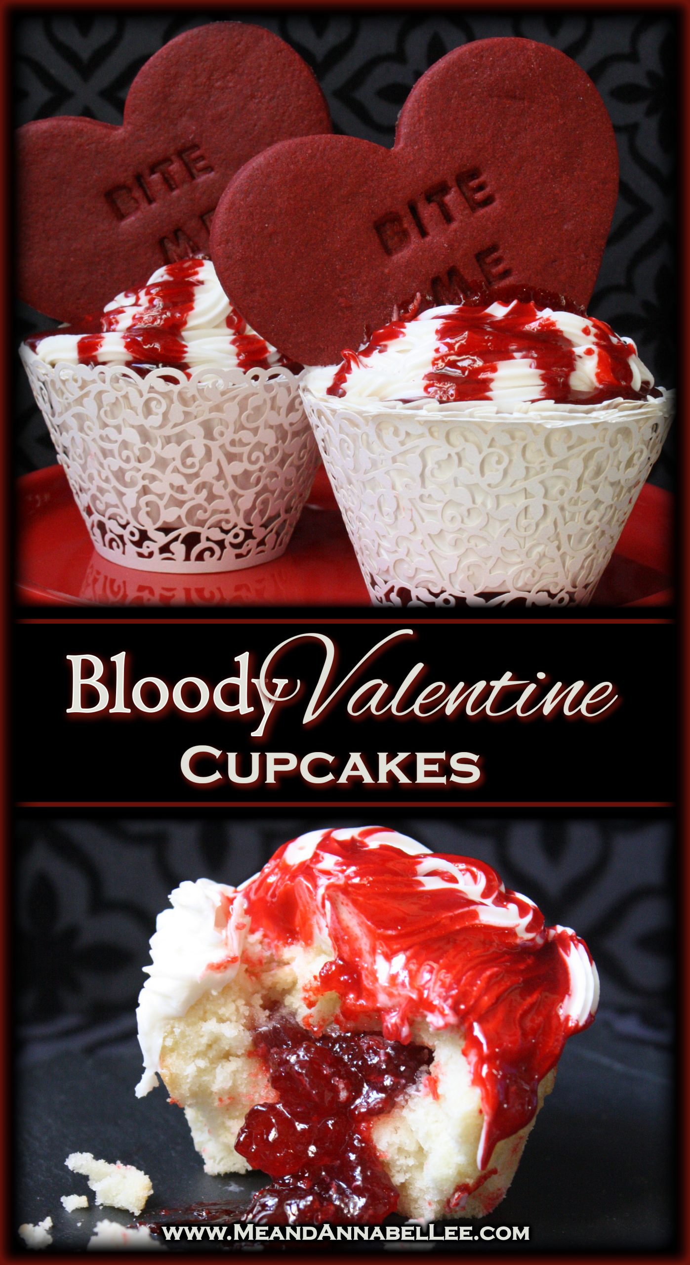 Bloody Anti Valentine Cupcake and Bite Me Conversation Heart Cookie Topper| Red Velvet Personalized Sugar Cookies paired with Bloody Raspberry filled Cupcakes…. Gothic Valentine’s Day Treats | Horror food | Me and Annabel Lee