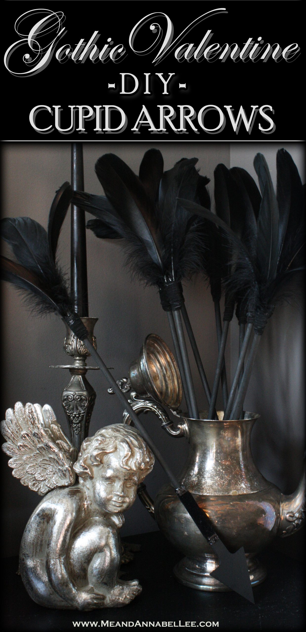 DIY Gothic Black Feathered Valentine Arrows | Goth it Yourself Valentine’s Day Décor | Add some Dark Romance to your Goth Home Decor with this twist on Cupid’s Arrow | Anti Valentine |Valoween | Me and Annabel Lee