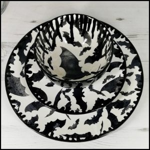 Bat Lover's Shopping & Gift Guide to celebrate Bat Appreciation Day | Hand Painted Bat Dinner Set | Dinner Plate, Side Plate, and Cereal Bowl | Gothic Dining | Halloween | Support Small Business | Me and Annabel Lee