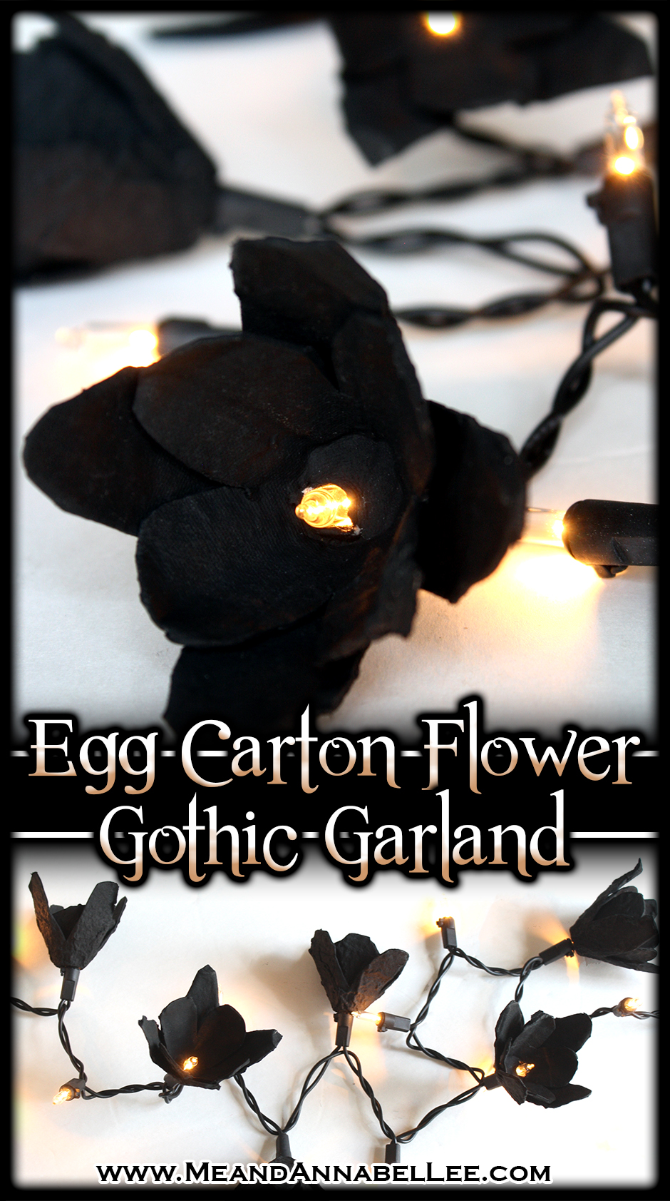 DIY Gothic Black Floral Lighted Garland | How to Make Egg Carton Flowers | Gothic or Halloween Wedding Reception Décor | String of Lights | Me and Annabel Lee