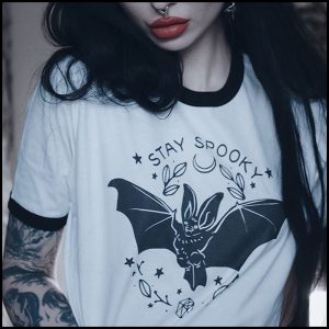 Bat Lover's Shopping & Gift Guide to celebrate Bat Appreciation Day | Stay Spooky Bat Print Ringer TShirt | Unisex | Gothic Apparel | #standwithsmall Me and Annabel Lee