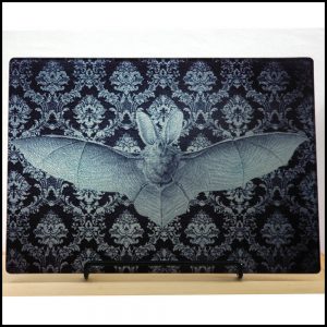 Bat Lover's Shopping & Gift Guide to celebrate Bat Appreciation Day | Bat Glass Cutting Board with Damask print | Gothic Kitchen | #standwithsmall Me and Annabel Lee