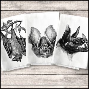 Bat Lover's Shopping & Gift Guide to celebrate Bat Appreciation Day | Set of Bat Dish Towels | Halloween Tea Towel | Flying Fox, Leaf Nose and Spectre Bats | Gothic Kitchen | #standwithsmall Me and Annabel Lee