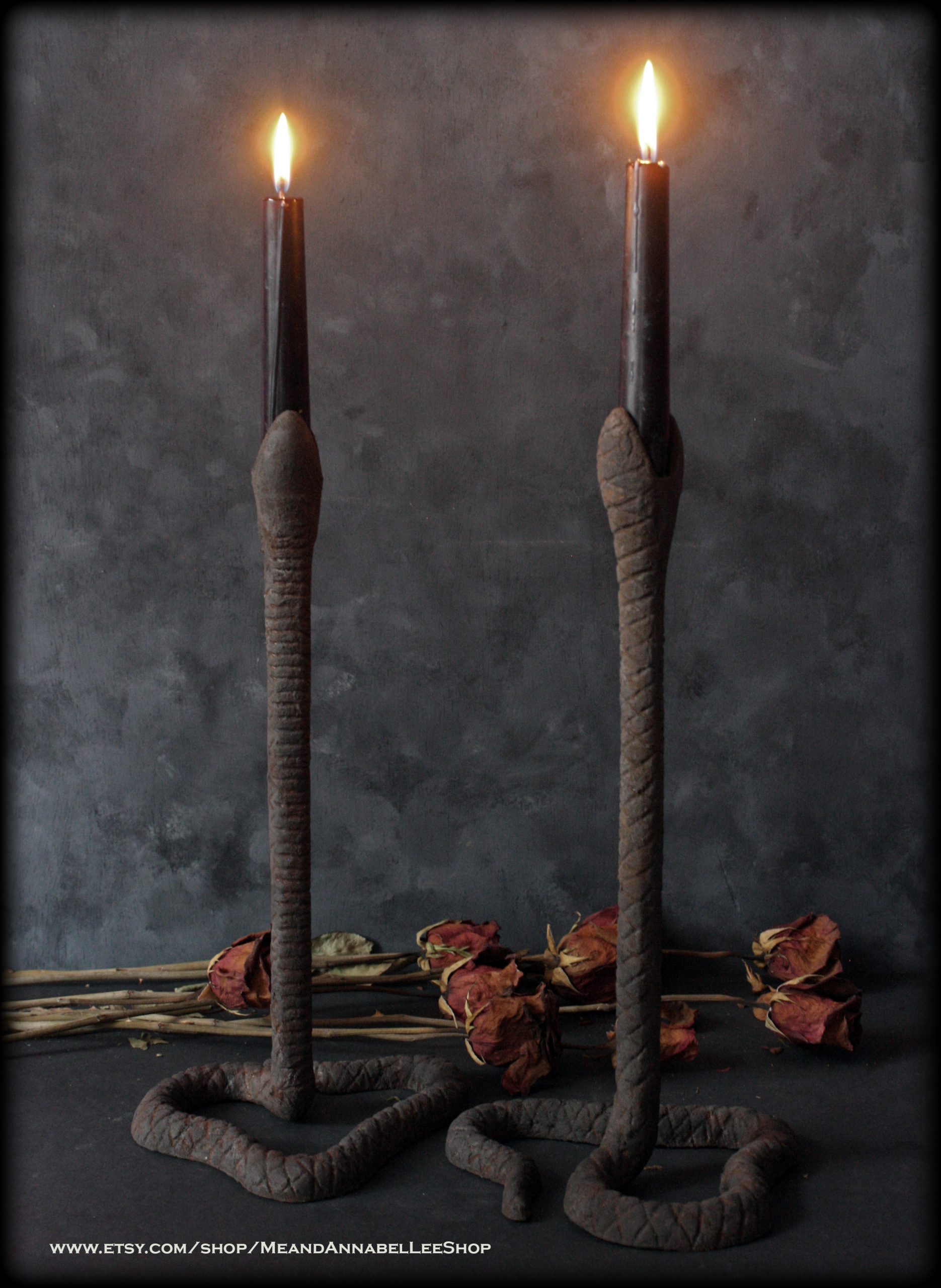 Gothic Antique Snake Candle Holders | Transform Halloween Decorations into something sophisticated you can use all year long by adding a rusted antique finish | Art Deco to Gothic Decor | Serpent Candlesticks | Me and Annabel Lee Blog