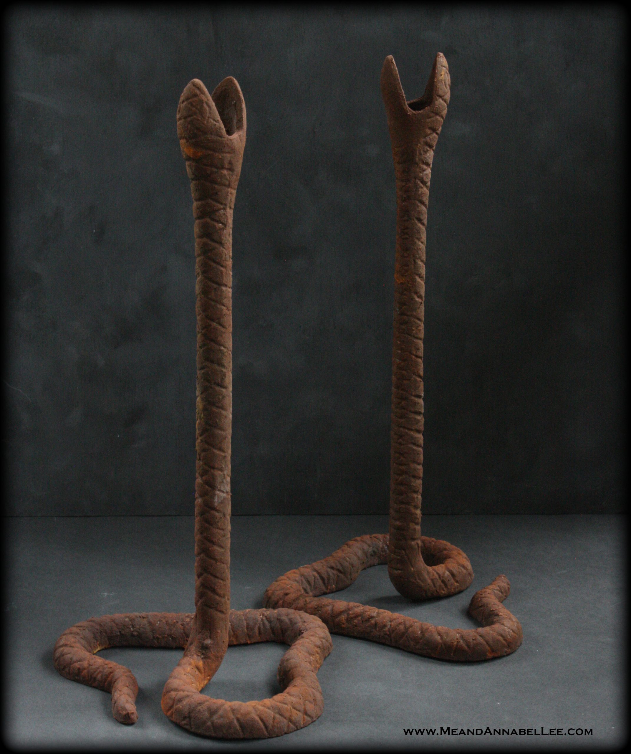 How to add a Rusted Finish | Create these Gothic Antique Snake Candlesticks from Halloween décor with Modern Masters Metal Effects | Rust Activator | Me and Annabel Lee Blog