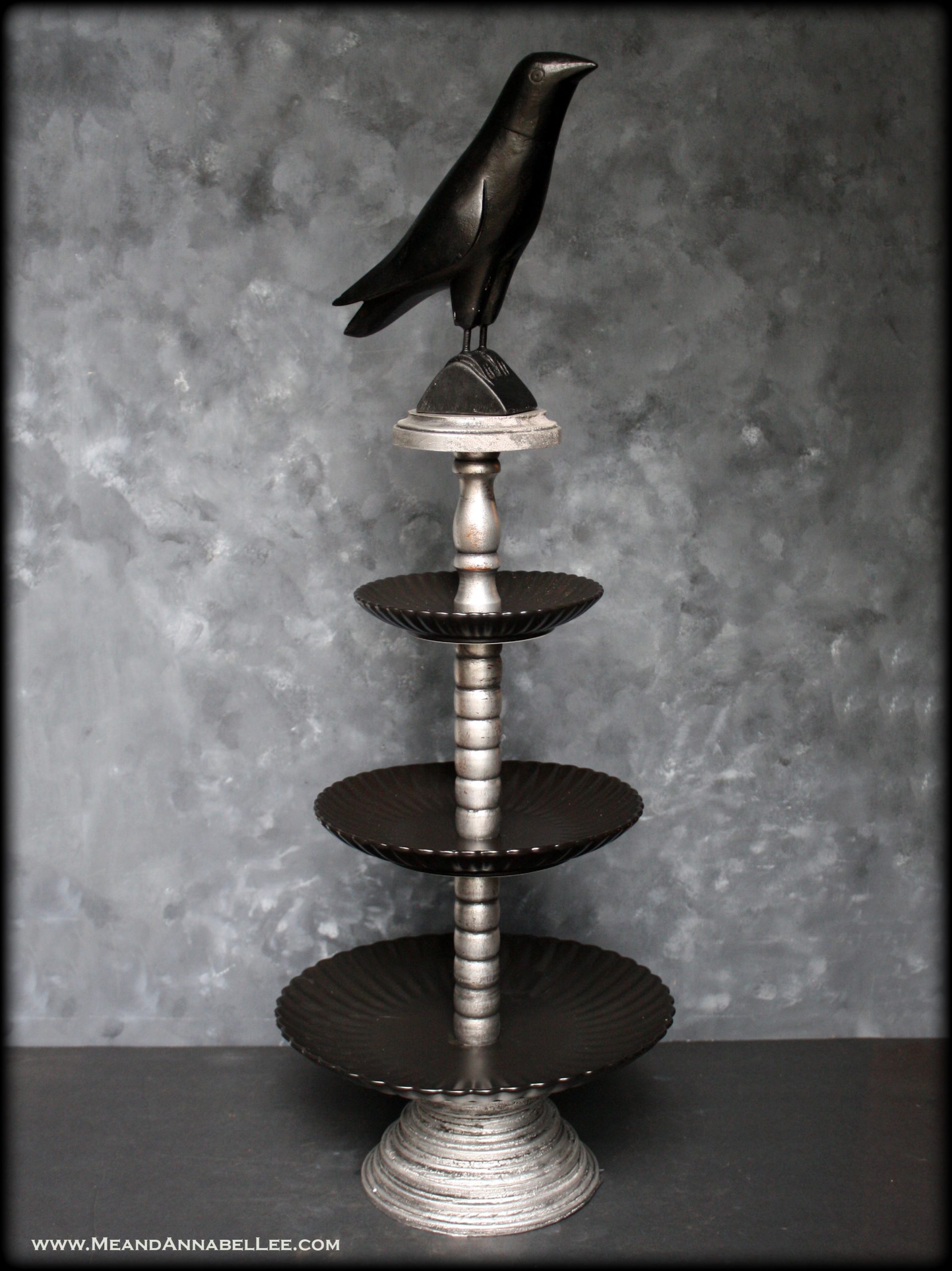 DIY Tiered Raven Halloween Serving Tray Tutorial | Gothic Server for your Halloween Party | Edgar Allan Poe The Raven | Copycat Grandin Road Halloween Decoration | Me and Annabel Lee Blog