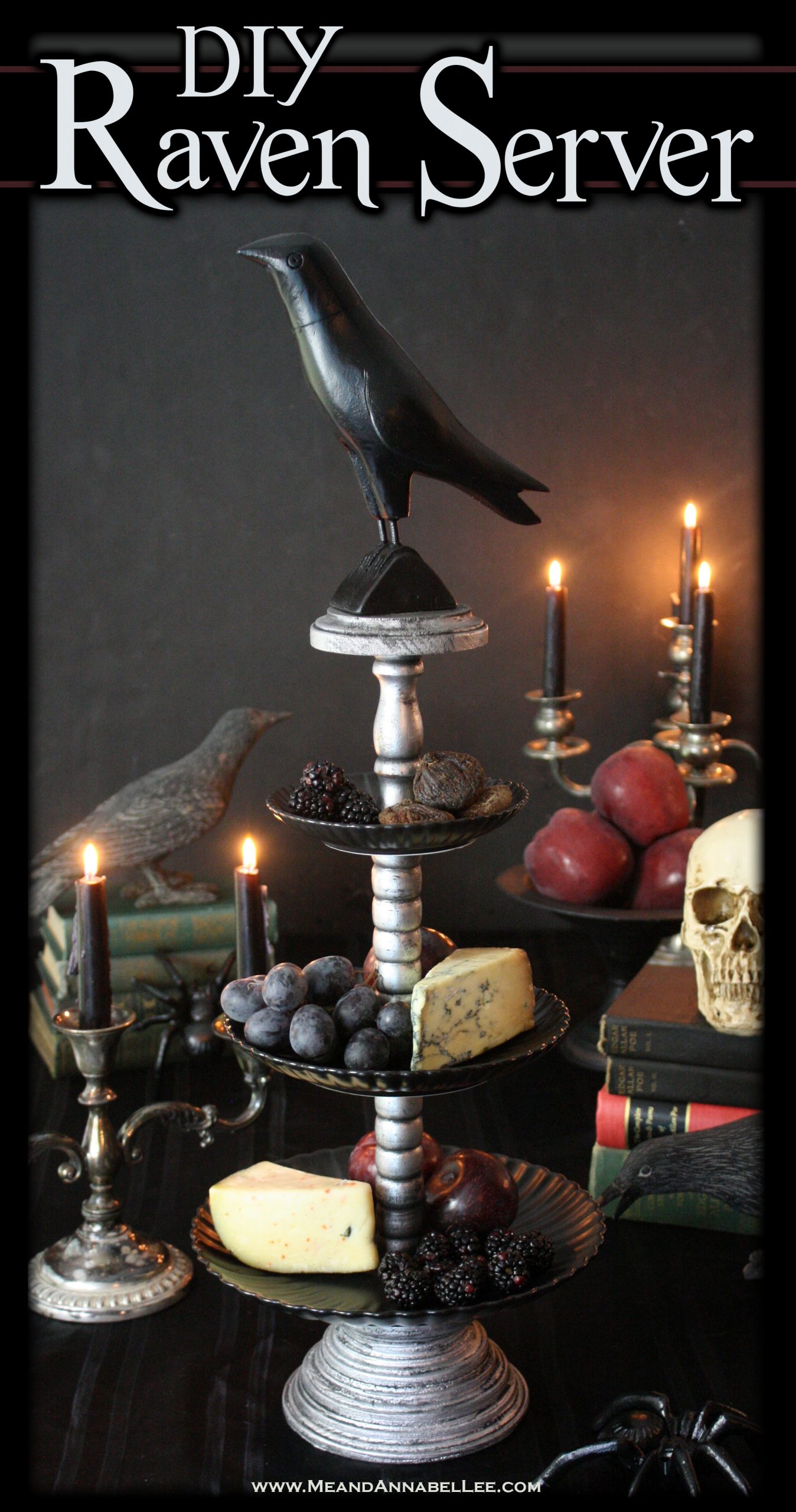 DIY Tiered Raven Halloween Serving Tray Tutorial | How to make a Gothic Server for your Halloween Party inspired by The Raven by Edgar Allan Poe | Goth it Yourself Dessert Stand | Gothic Entertaining | Copycat Grandin Road Halloween Decoration for all of your Gothic Entertaining | Me and Annabel Lee Blog