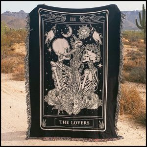 Valentine Gift Guide - Dark, Curious, Gothic Valentine's Day and Anti Valentine gift ideas for him and for her | The Lovers Tarot Card Woven Throw Blanket | Skeleton Tarot | Skeleton Lovers | Tapestry | Goth Home Décor |Me and Annabel Lee