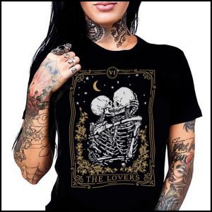 Valentine Gift Guide - Dark, Curious, Gothic Valentine's Day and Anti Valentine gift ideas for him and for her | The Lovers Tarot Card Tee | Skeleton Tarot T-shirt | Skeleton Lovers |Goth Fashion |Me and Annabel Lee