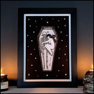 Valentine Gift Guide - Dark, Curious, Gothic Valentine's Day and Anti Valentine gift ideas for him and for her | Sleep Art Print | Girl and Skeleton | Death Illustration |Goth Home Décor | Me and Annabel Lee