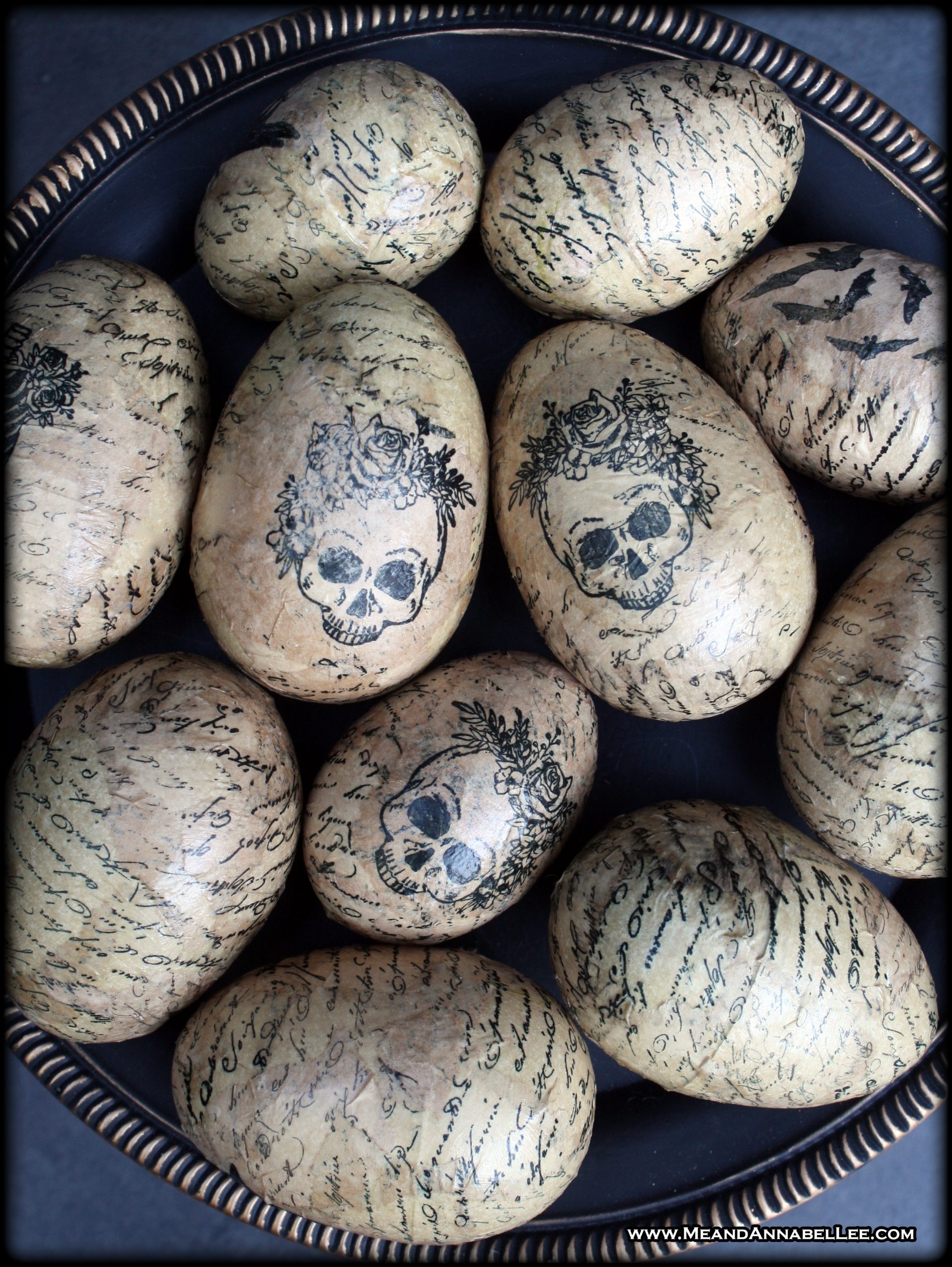 DIY Gothic Decoupage Eggs | Transform Plastic Easter Eggs into Gothic Spring Décor with this Easy and Inexpensive Decoupage DIY using Halloween inspired Stamps | Skulls, Bats, Ravens, Spiderwebs | A SpringOWeen Goth It Yourself Project | Me and Annabel Lee Blog