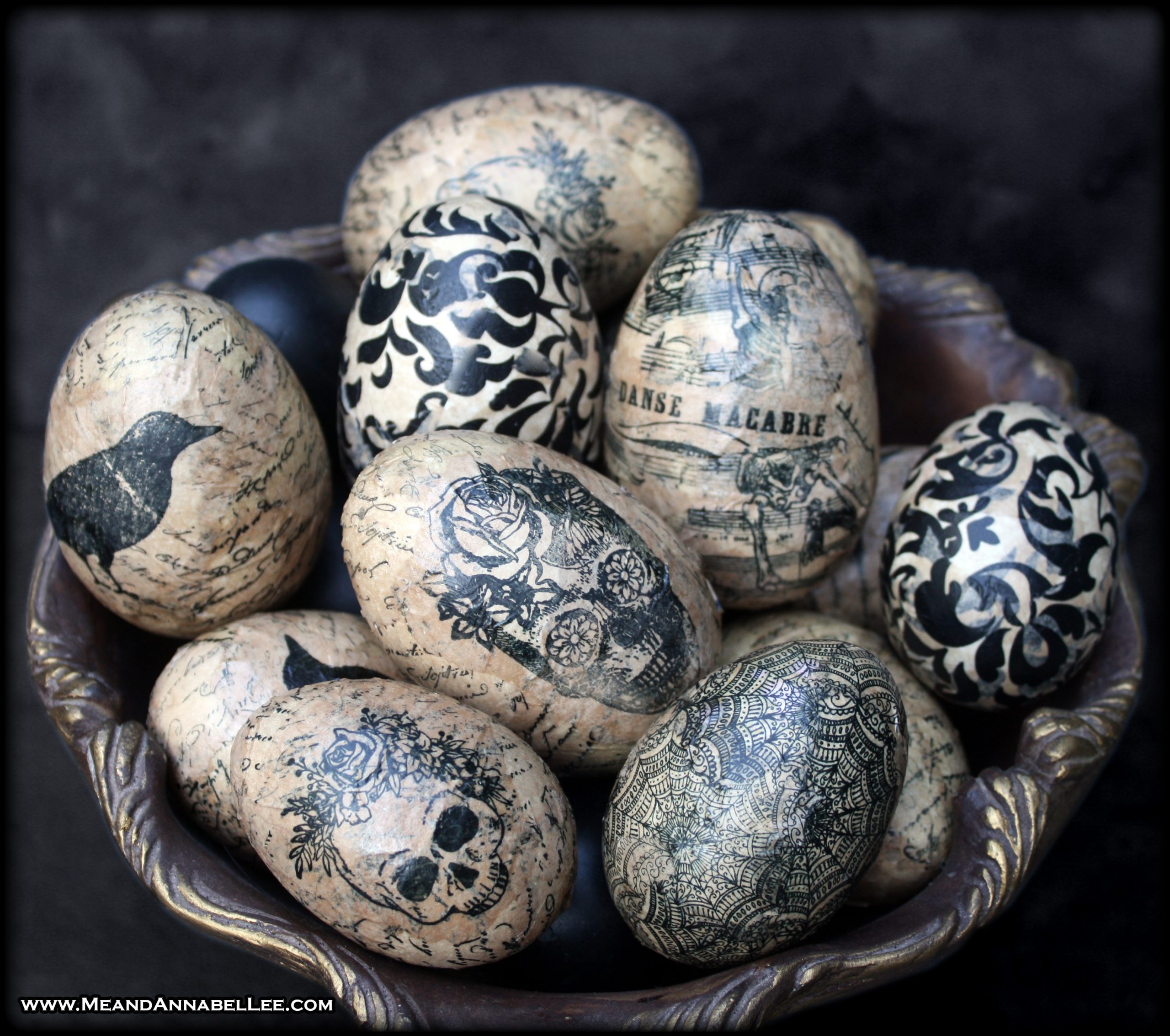 Bring some Halloween inspiration into your Spring Décor this year with these DIY Gothic Decoupage Eggs | Transform Plastic Easter Eggs into Gothic Spring Décor with this easy and inexpensive project using Halloween inspired Stamps | Skulls, Bats, Ravens, Spiderwebs | A SpringOWeen Goth It Yourself Project | Me and Annabel Lee Blog