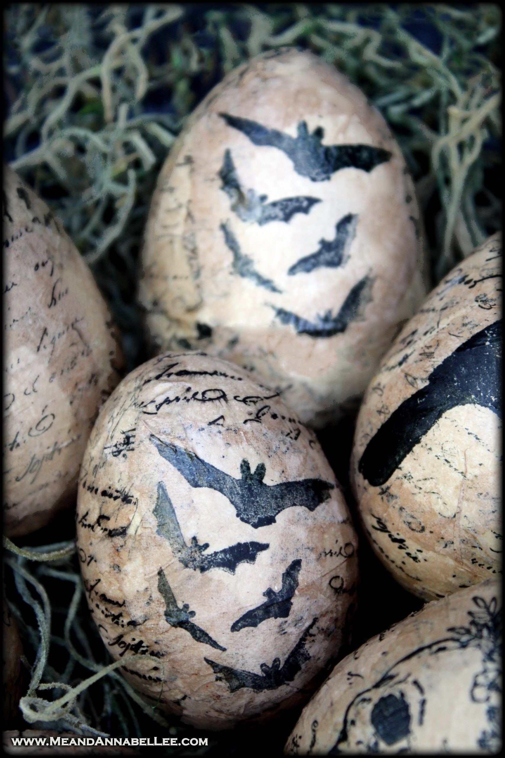 Bring some Halloween inspiration into your Spring Décor this year with these DIY Gothic Decoupage Eggs | Transform Plastic Easter Eggs into Gothic Spring Décor with this easy and inexpensive project using Halloween inspired Stamps | Flying Bats | A SpringOWeen Goth It Yourself Project | Me and Annabel Lee Blog