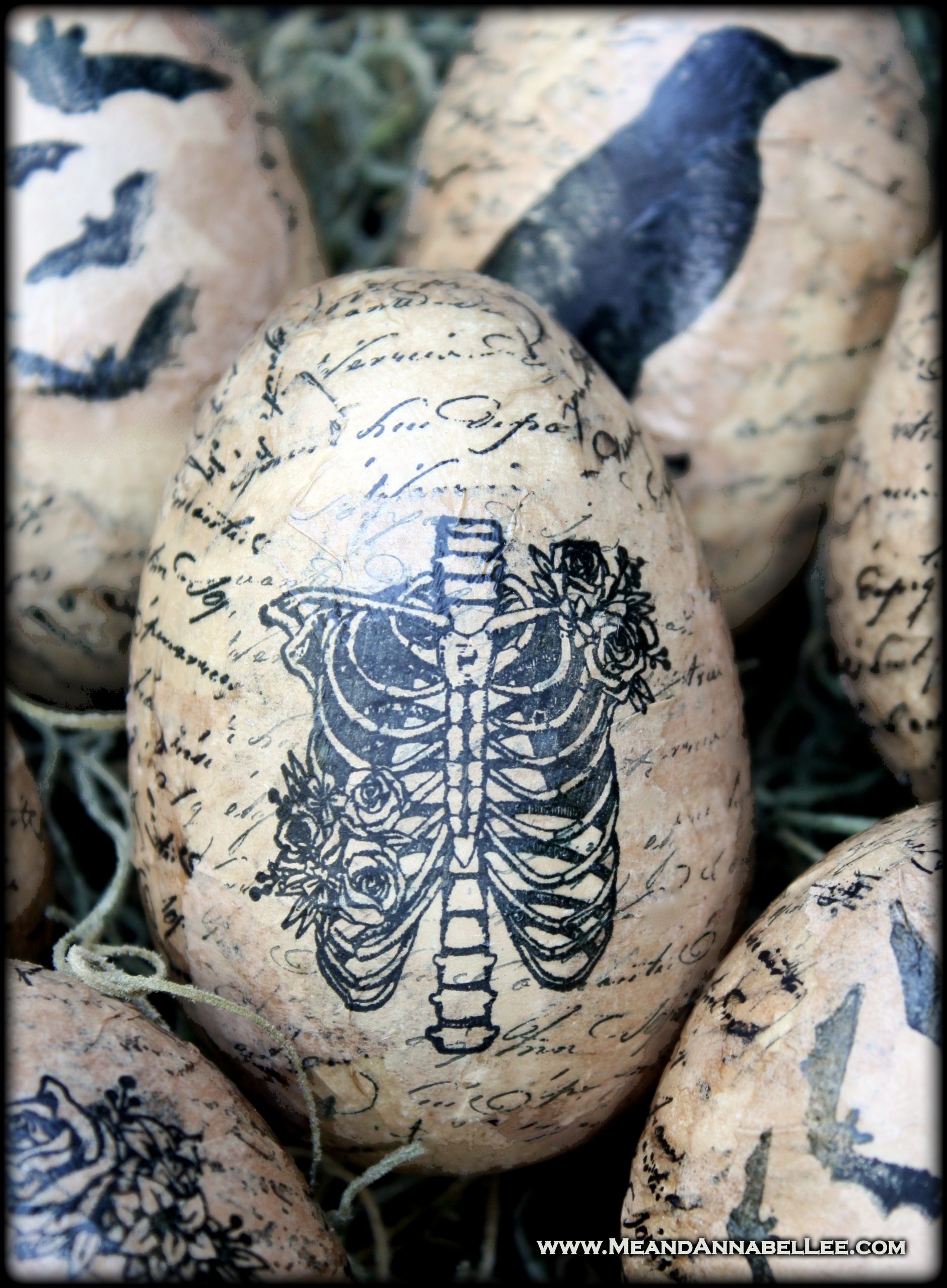 Bring some Halloween inspiration into your Spring Décor this year with these DIY Gothic Decoupage Eggs | Transform Plastic Easter Eggs into Gothic Spring Décor with this easy and inexpensive project using Halloween inspired Stamps | Skeleton Ribcage | A SpringOWeen Goth It Yourself Project | Me and Annabel Lee Blog
