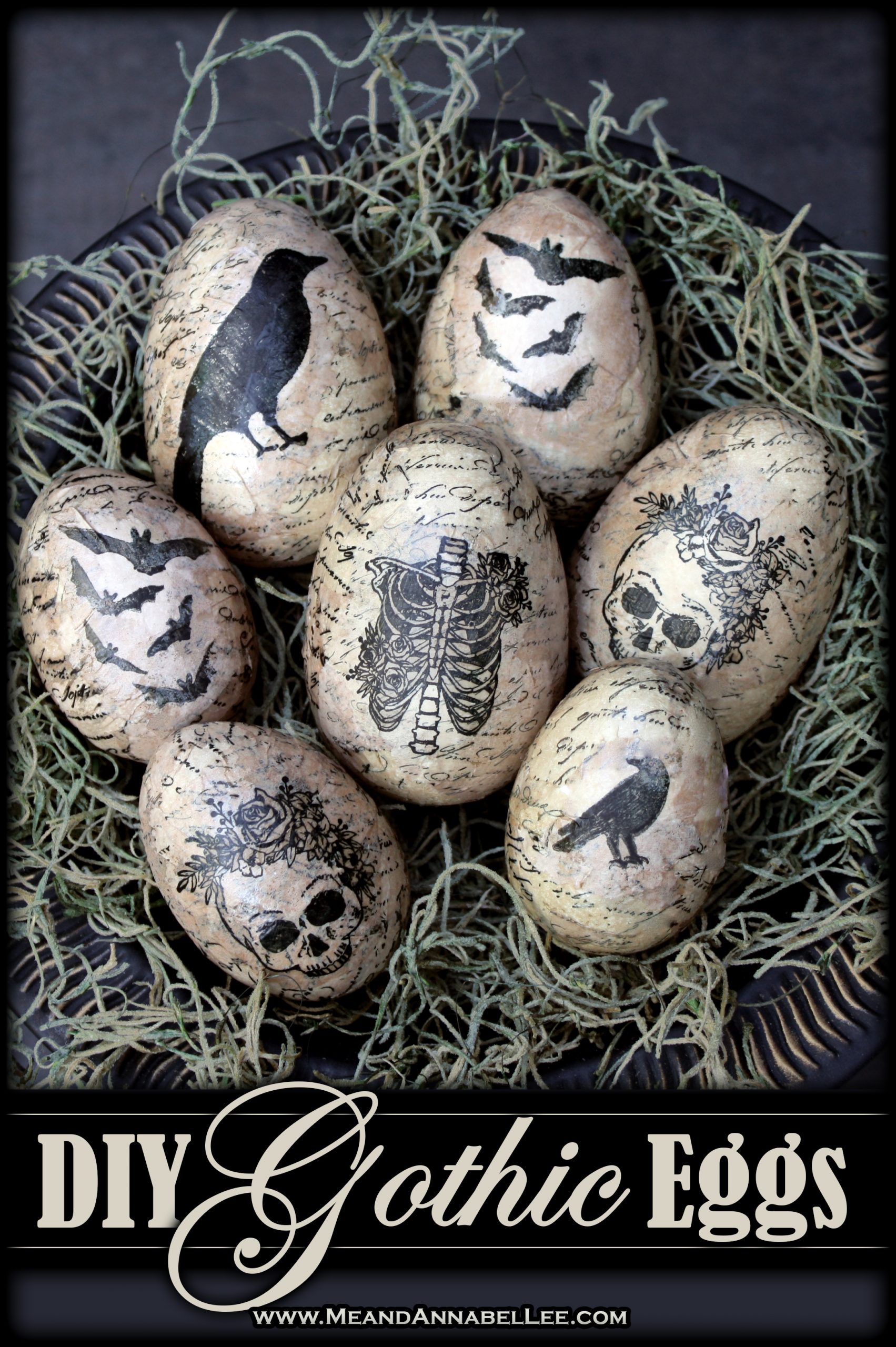 Bring some Halloween inspiration into your Spring Décor this year with these DIY Gothic Decoupage Eggs | Transform Plastic Easter Eggs into Gothic Spring Décor with this easy and inexpensive project using Halloween inspired Stamps | Skulls, Bats, Ravens, Spiderwebs | A SpringOWeen Goth It Yourself Project | Me and Annabel Lee Blog